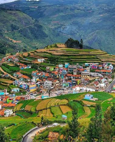 Aerial view of a colourful hill town near Kodaikanal